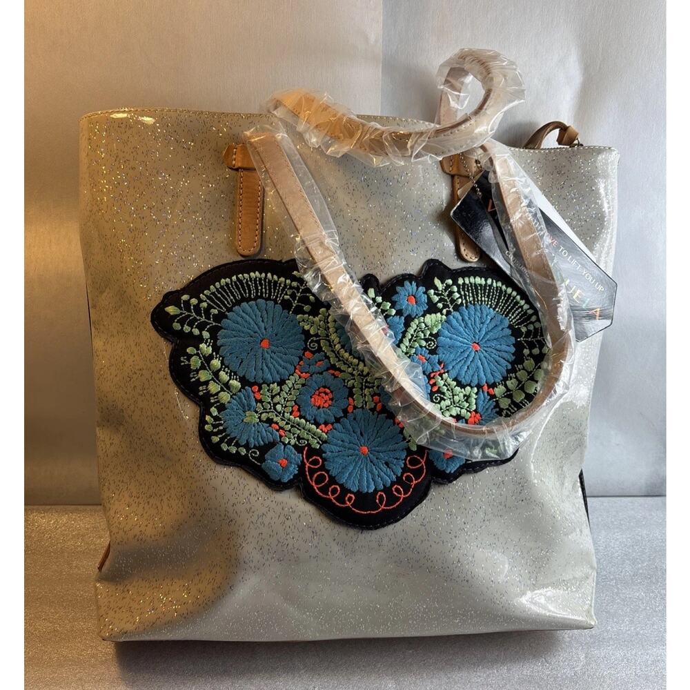 Consuela Tan- Multicolor Parrot Applique Tote Bag Double Handles